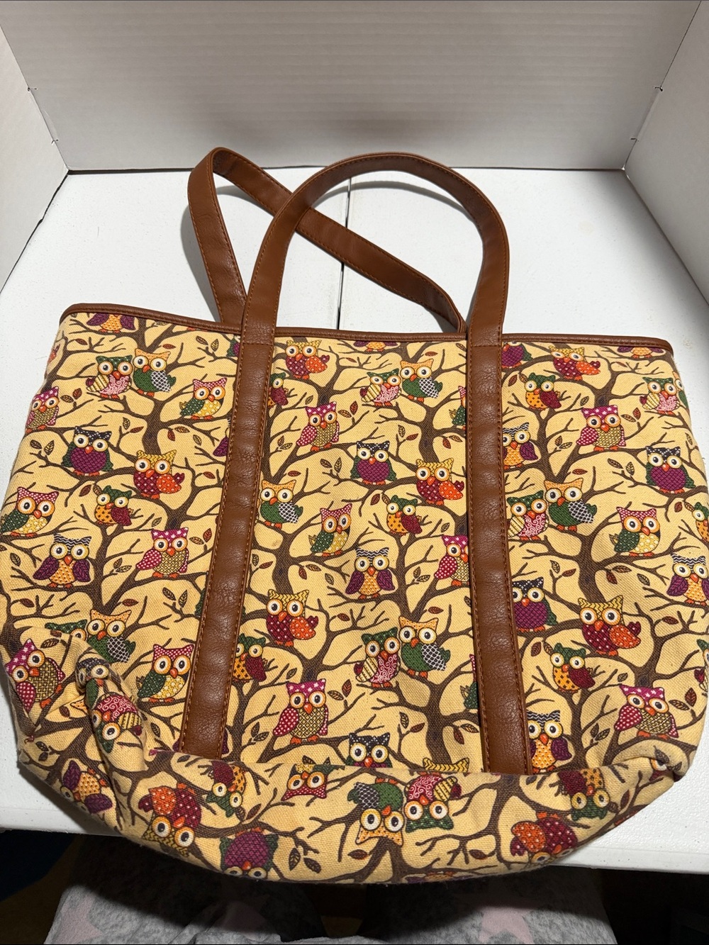 Owl Print Canvas Tote Bag with Brown Faux-Leather Trim